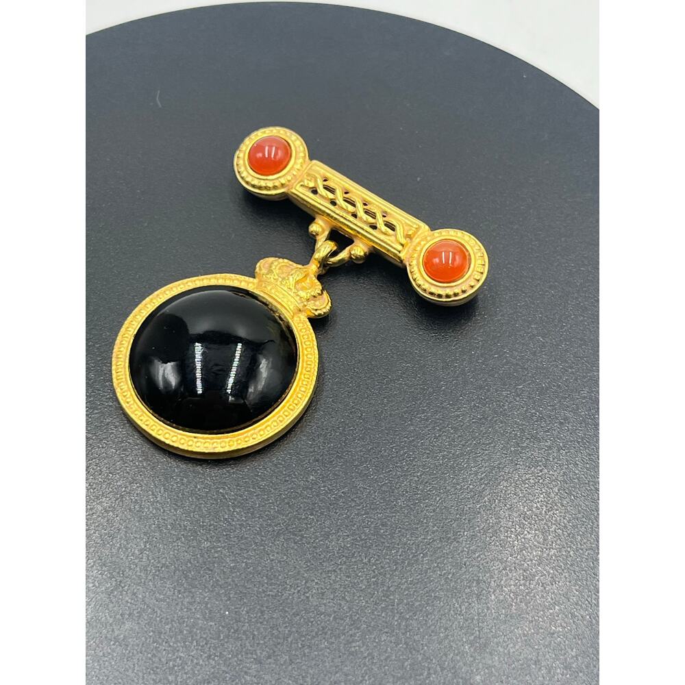 Ben-Amun Designer Vintage Faux Glass Onyx Faux Carnelian Glass‎ Dangle Brooch - Picture 6 of 9